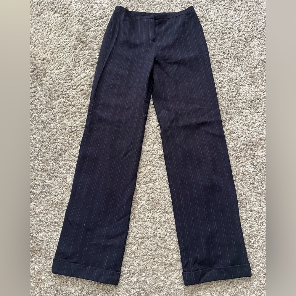 Lafayette 148 New York Navy Blue & White Pin Striped Cuffed Pants Women’s Size 4 - Picture 2 of 12